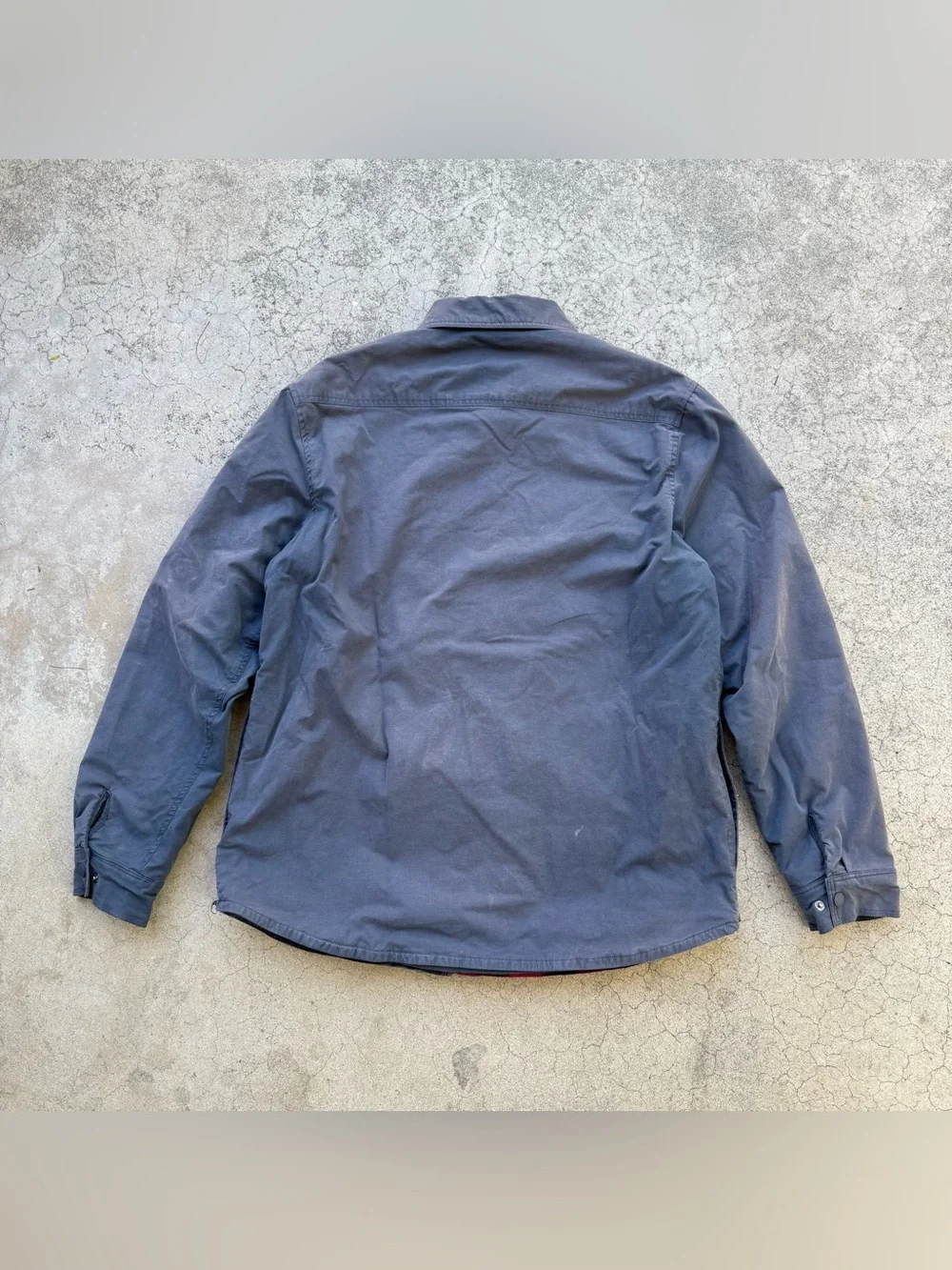 Distressed Eddie Bauer Outdoor Flannel Lined Blue Grey Shirt Jacket Shaket Sz L